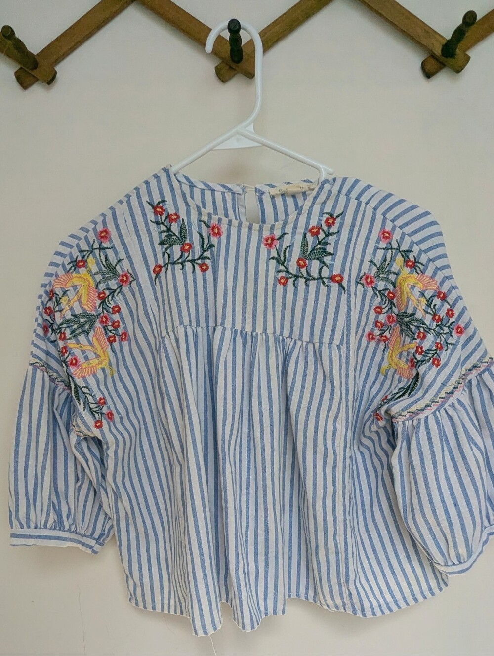 Blue and White Striped Embroidered Peasant Top